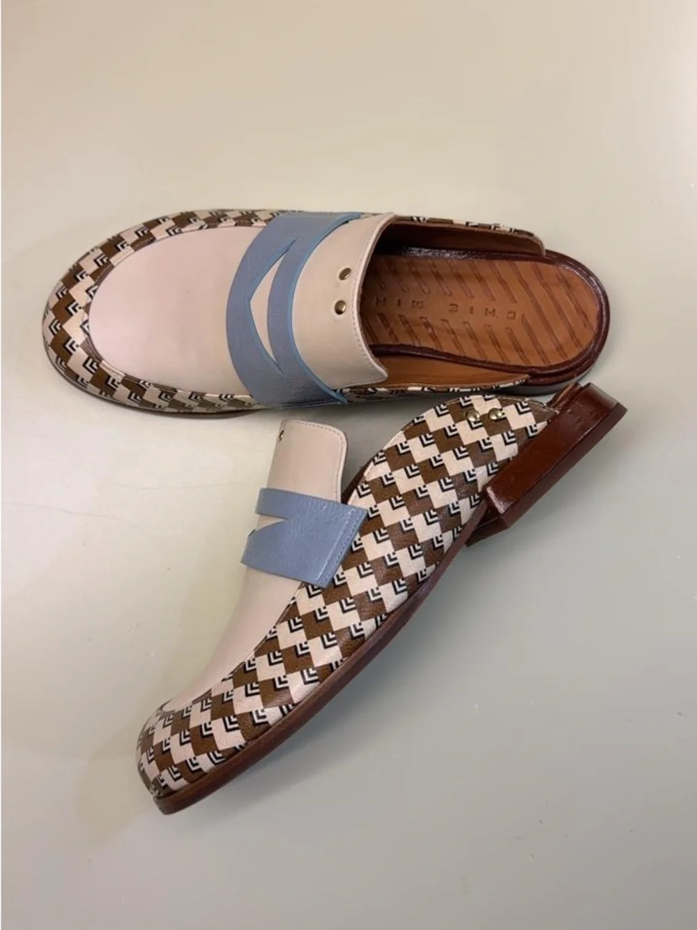 Chie Mihara Cream and Light Blue Patterned-Trim Slip-On Loafers - Picture 3 of 4